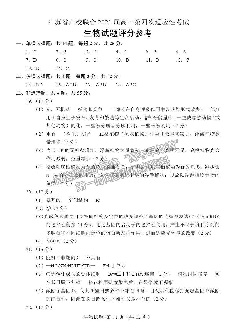 2021江蘇省六校聯(lián)合高三第四次適應(yīng)性考試生物試題及參考答案