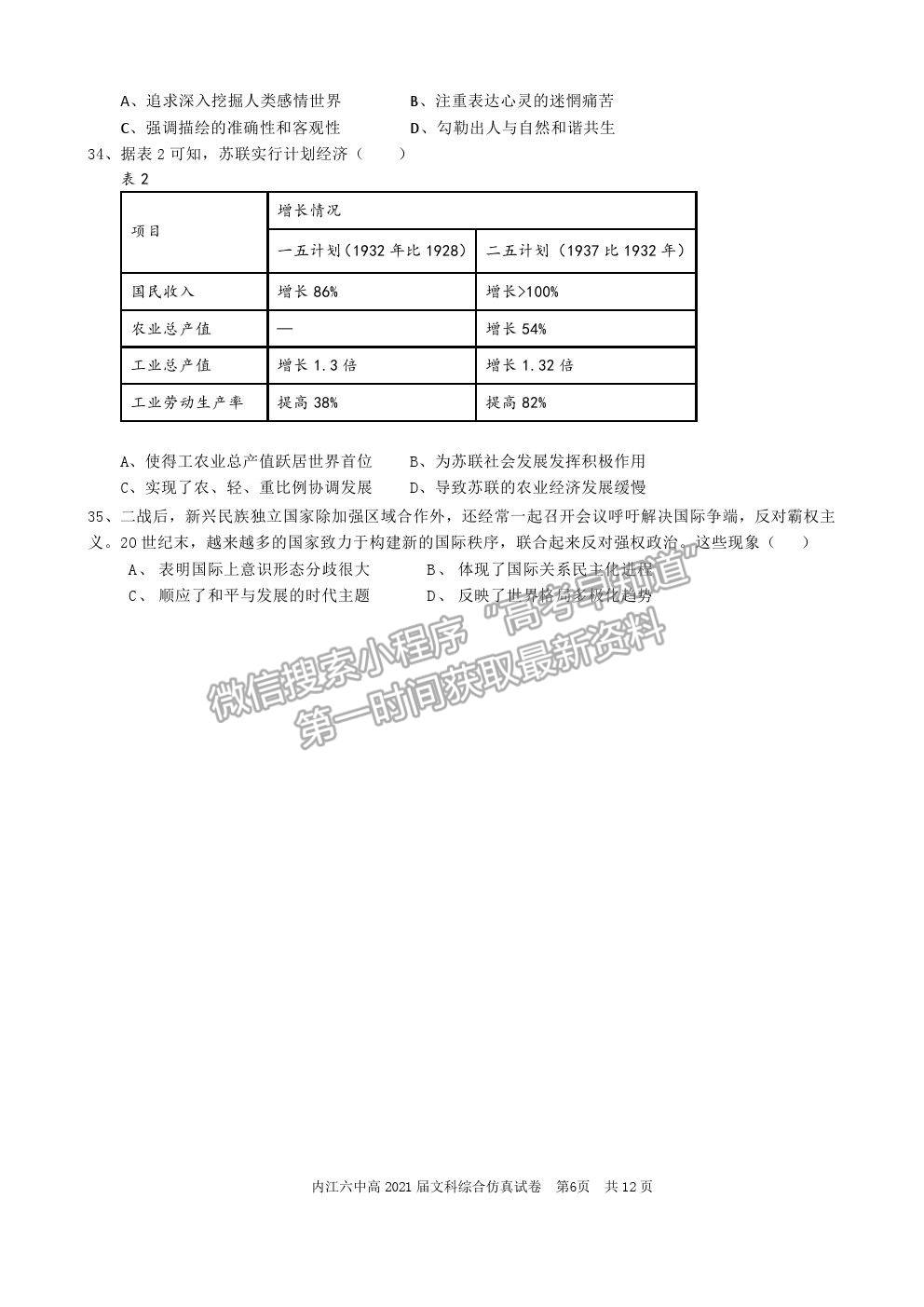 2021四川省內(nèi)江六中高三6月仿真考試文綜試題及參考答案