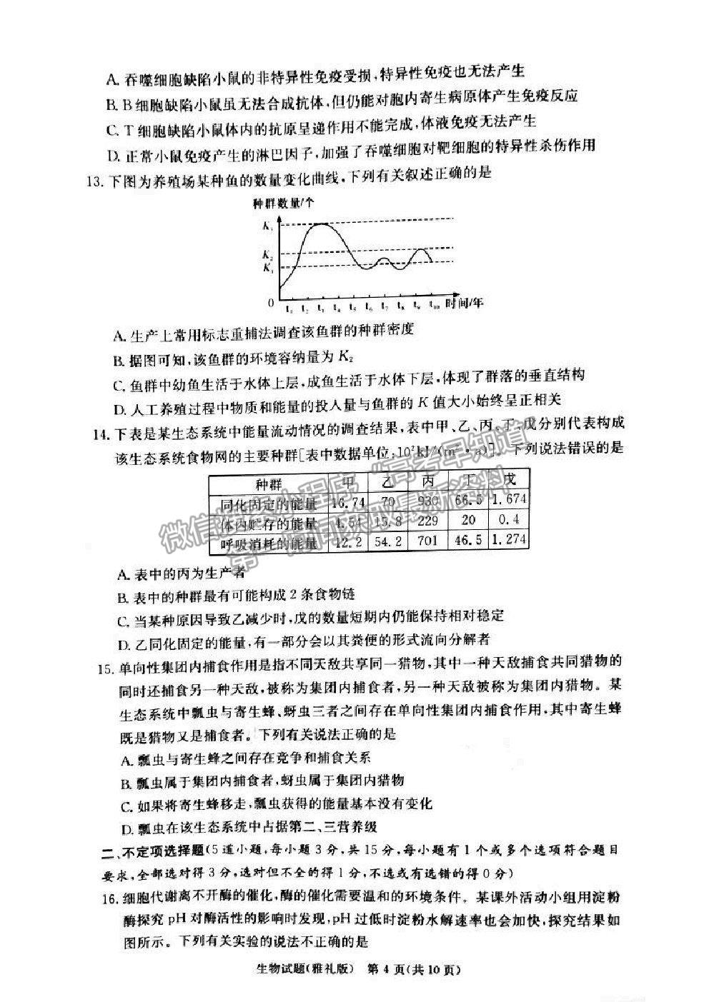 2021湖南省雅禮中學(xué)高三第5次月考生物試題及參考答案