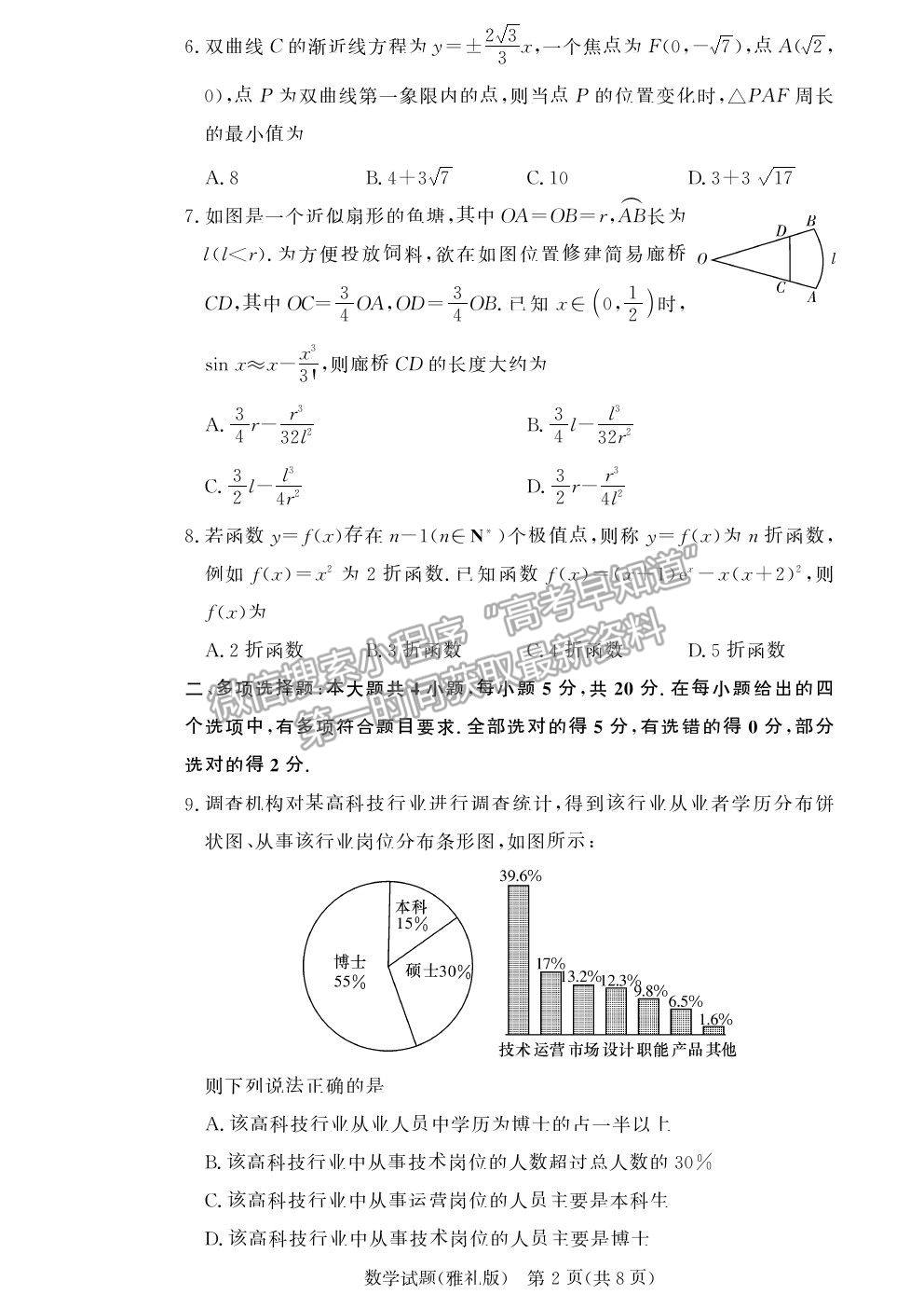 2021湖南省長(zhǎng)沙市雅禮中學(xué)高三月考（六）數(shù)學(xué)試題及參考答案