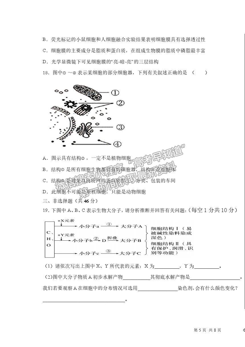 2022河北深州長(zhǎng)江中學(xué)高三第一次月考生物試題及參考答案