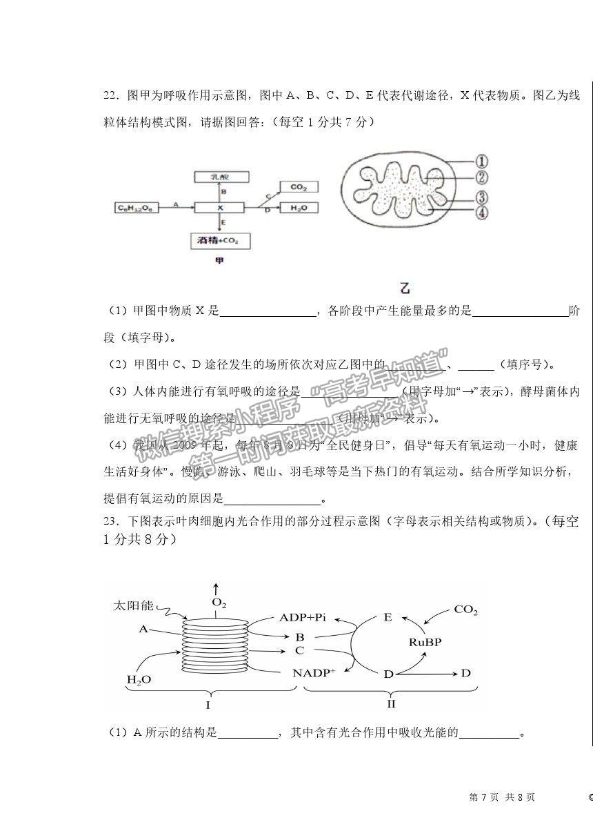 2022河北深州長江中學高三第一次月考生物試題及參考答案