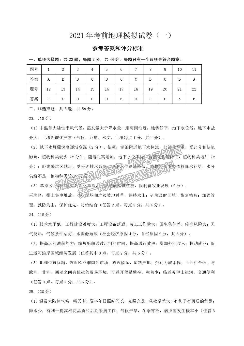 2021江蘇省連云港市高三考前模擬（一）地理試題及答案