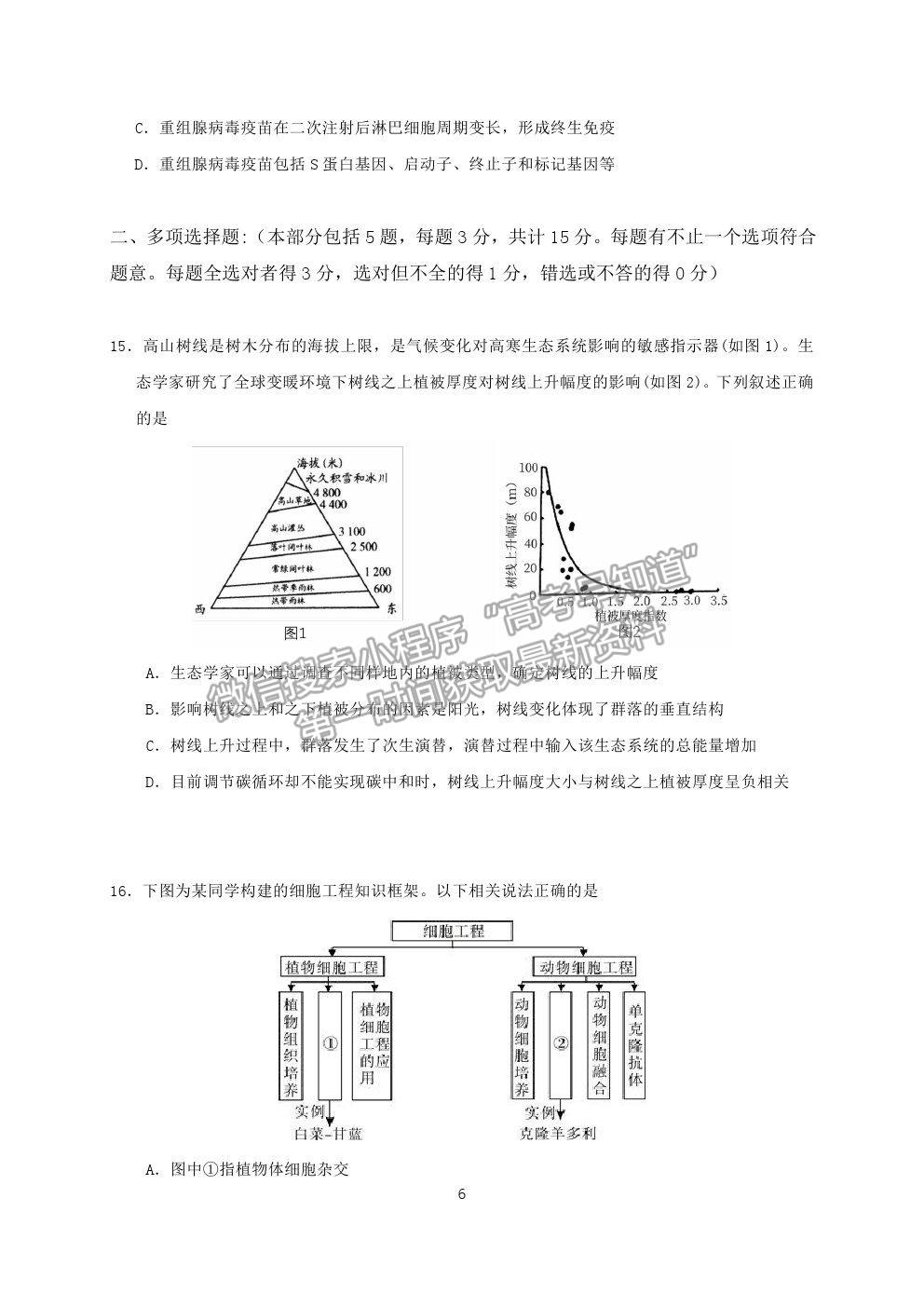 2021江蘇省連云港市高三考前模擬（一）生物試題及答案