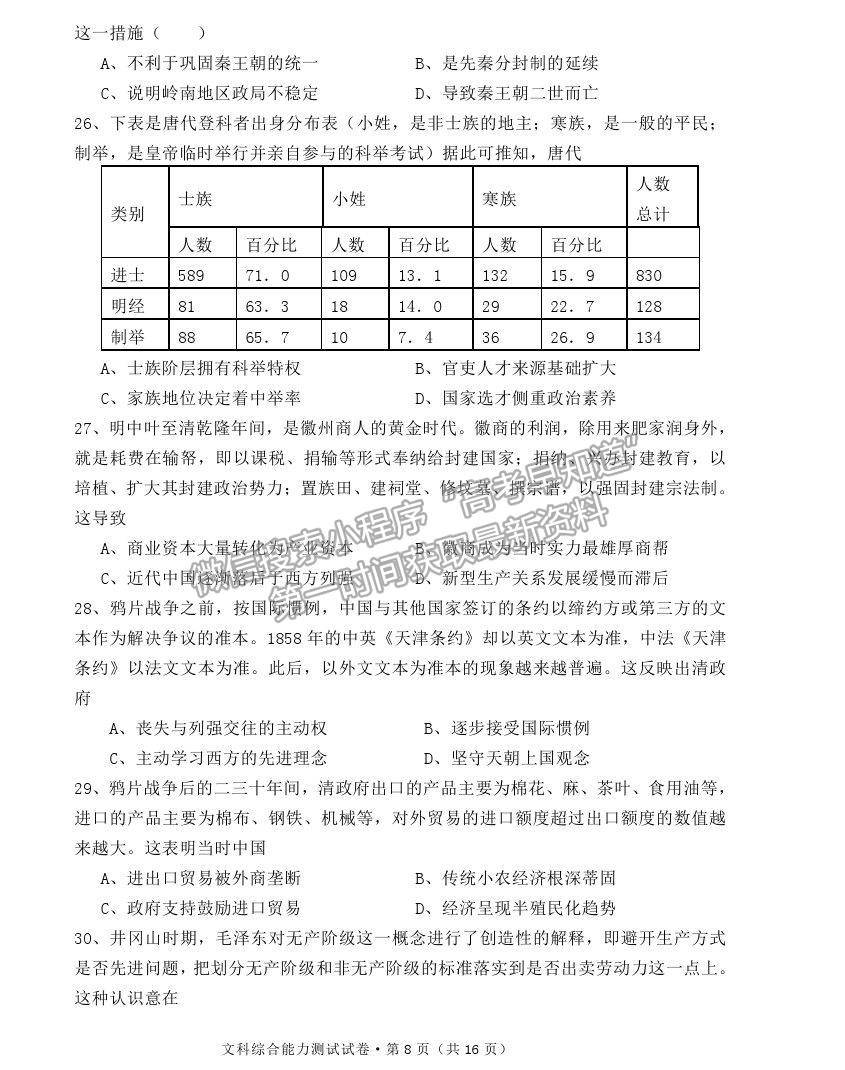 2022云南省云天化中學(xué)高三摸底測試歷史試題及參考答案