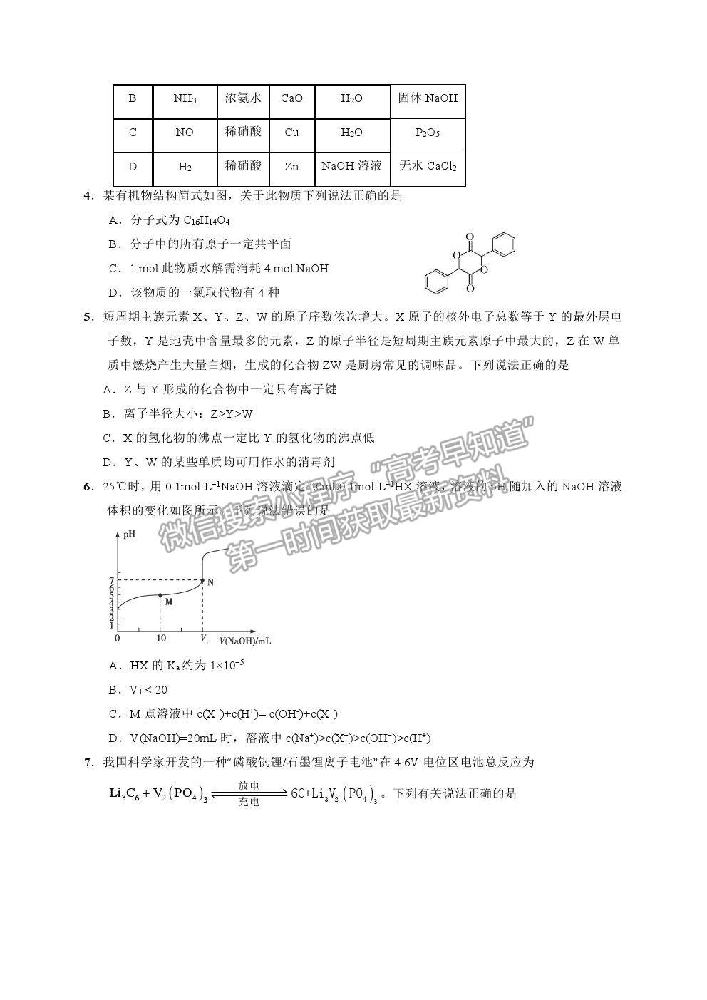 2022云南省云天化中學高三摸底測試化學試題及參考答案