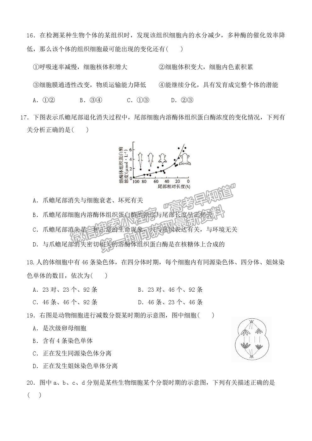 2021六安市新安中學高一期中考試生物試題及參考答案