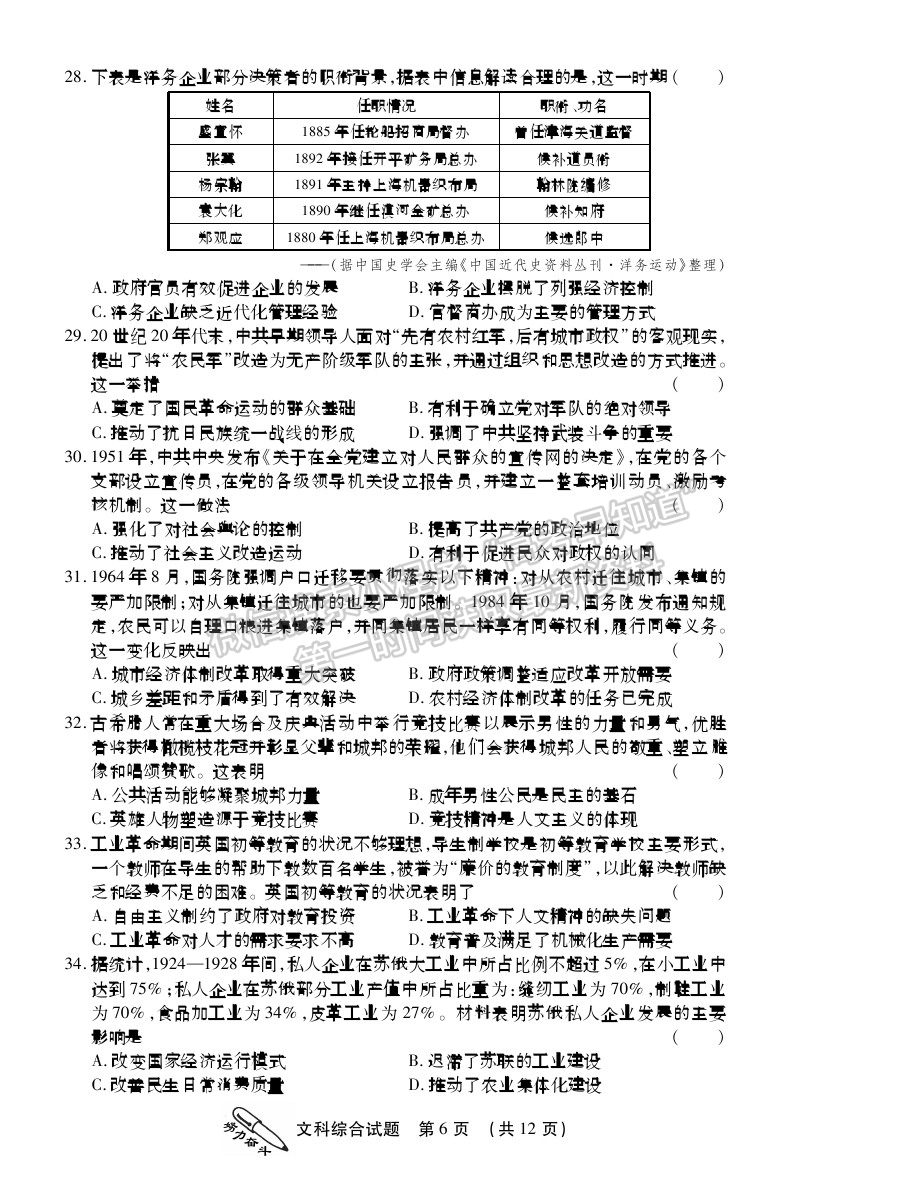 2021榆林高三一模文綜試題及參考答案