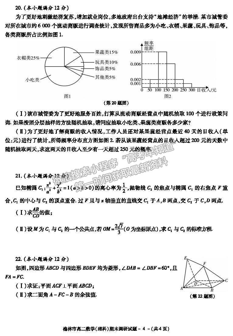 2021陜西省榆林市高二上學(xué)期期末調(diào)研理數(shù)試題及參考答案