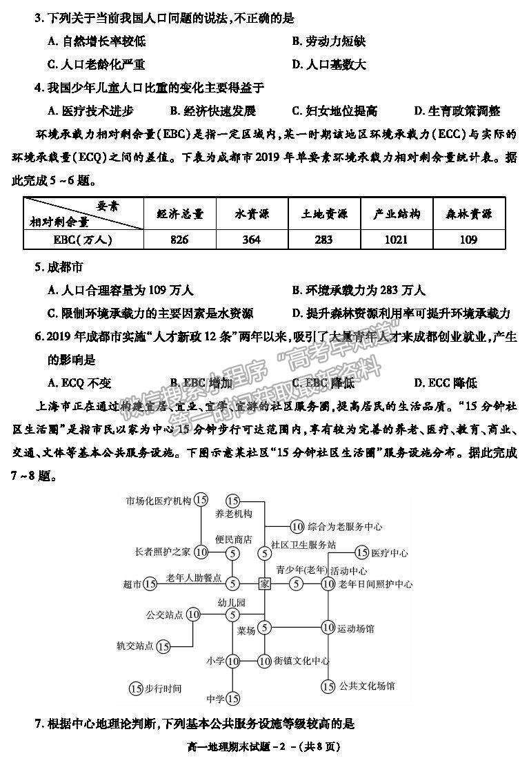 2021陜西省咸陽市高一下學(xué)期期末考試地理試題及參考答案