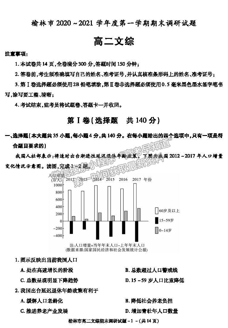 2021陜西省榆林市高二上學(xué)期期末調(diào)研文綜試題及參考答案