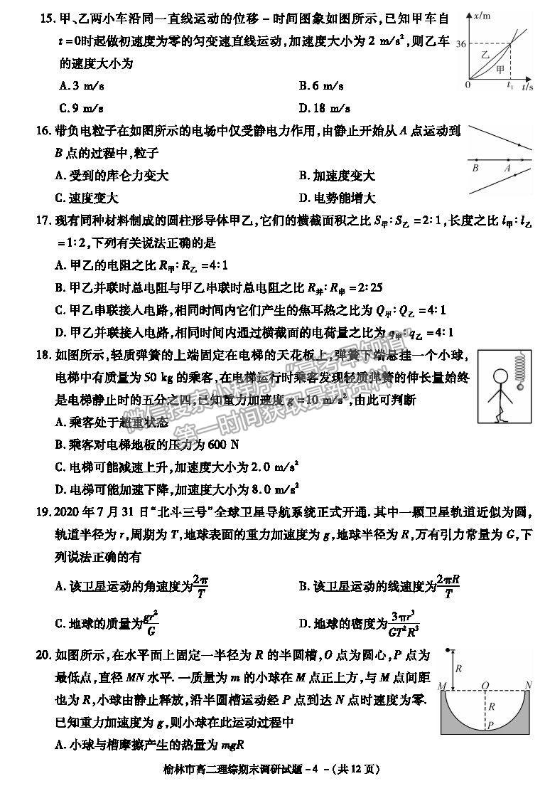 2021陜西省榆林市高二上學期期末調研理綜試題及參考答案