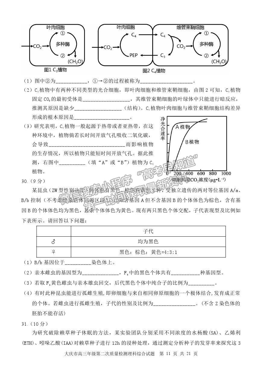 2021黑龍江省大慶市高三二檢試題理綜試題及參考答案