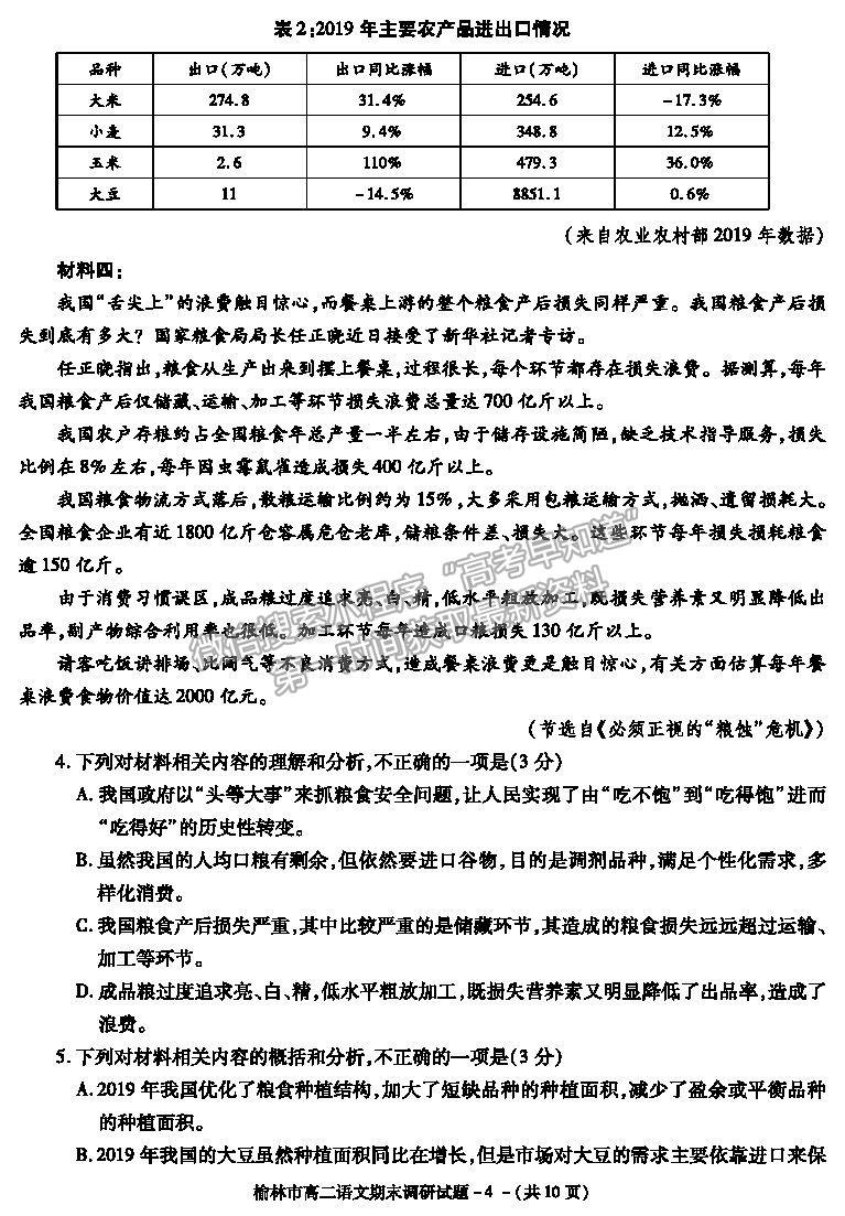 2021陜西省榆林市高二上學期期末調(diào)研語文試題及參考答案