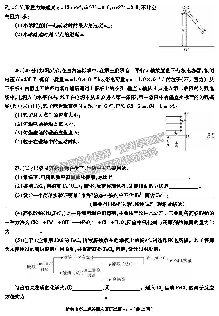 2021陜西省榆林市高二上學(xué)期期末調(diào)研理綜試題及參考答案