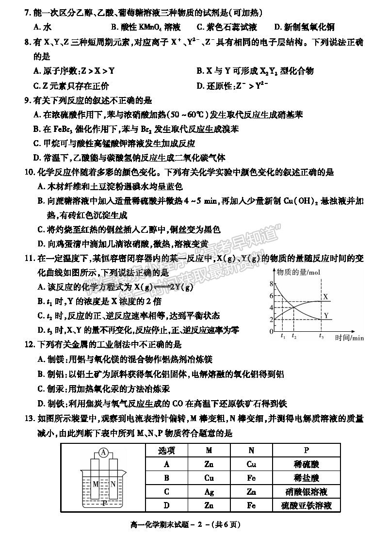 2021陜西省咸陽市高一下學(xué)期期末考試化學(xué)試題及參考答案