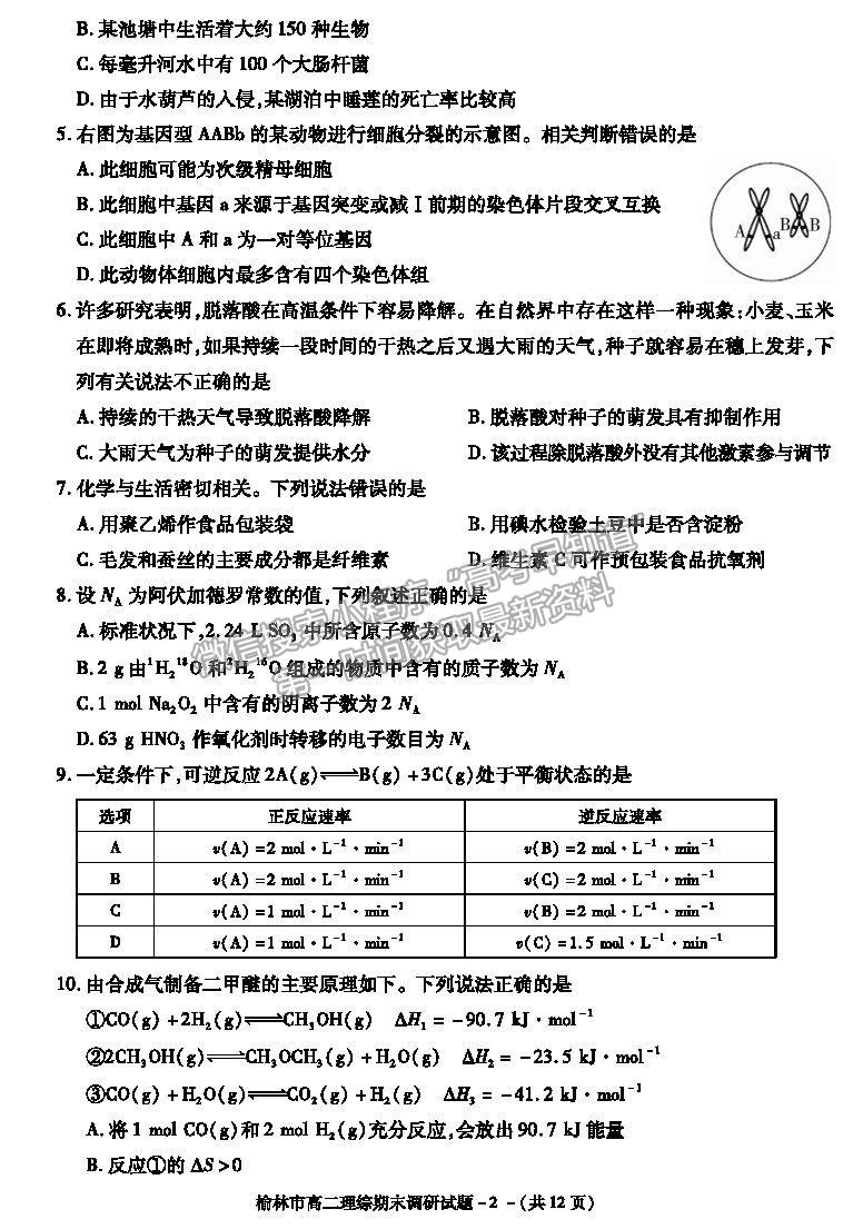 2021陜西省榆林市高二上學期期末調研理綜試題及參考答案