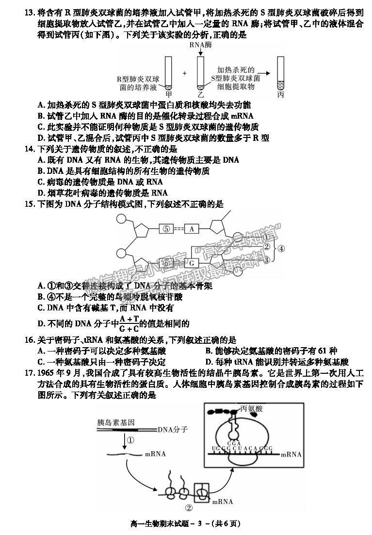 2021陜西省咸陽市高一下學期期末考試生物試題及參考答案