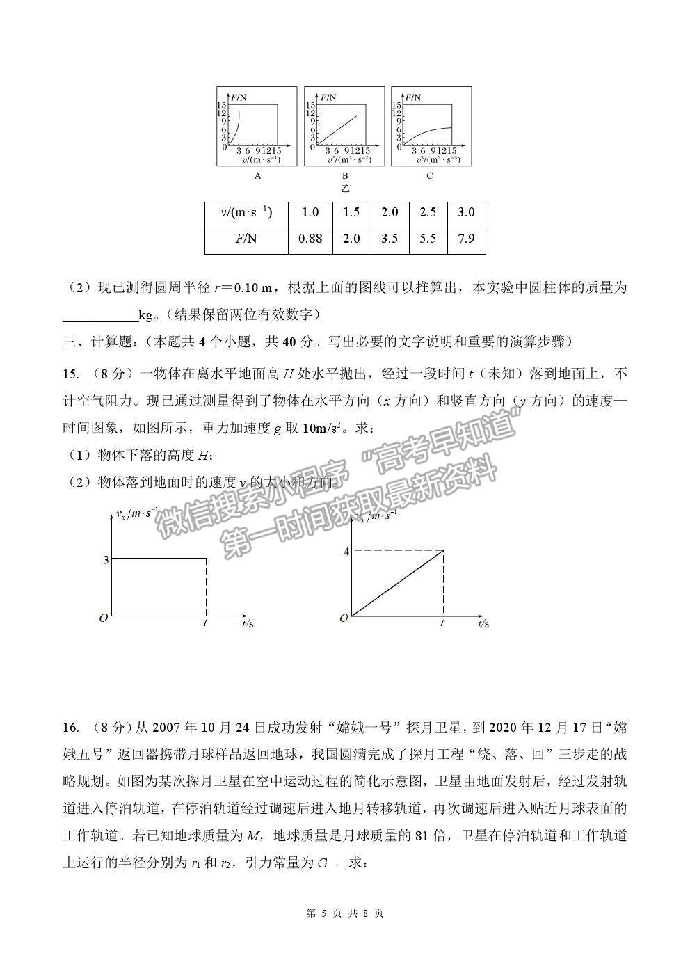 2021重慶市清華中學校高一下學期第一次月考物理試題及參考答案