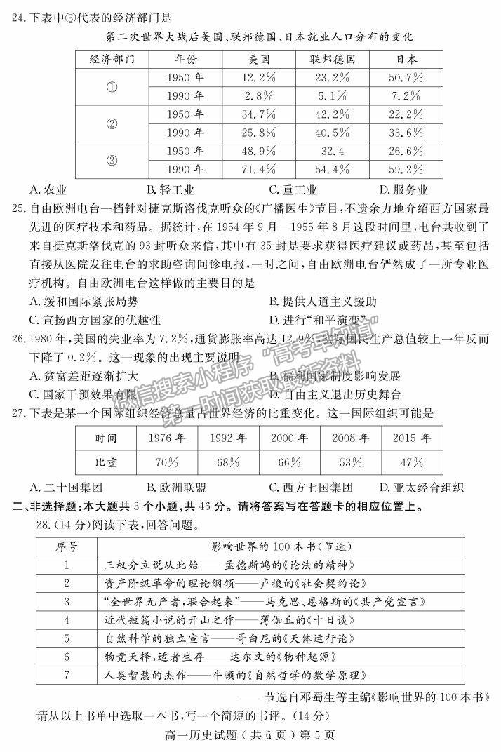 2021山東省聊城市高一下學(xué)期期末考試歷史試題及參考答案