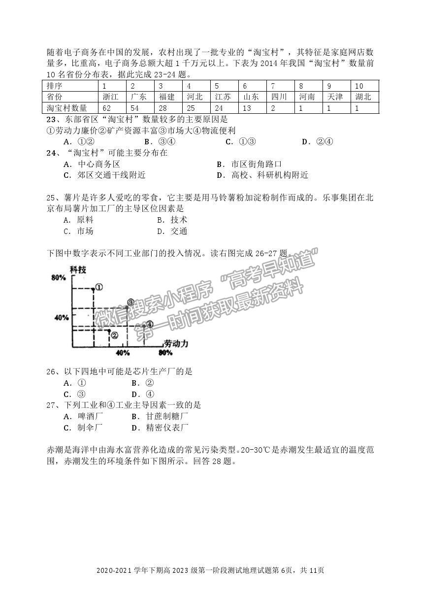 2021重慶市實(shí)驗(yàn)中學(xué)校高一下學(xué)期第一階段測試地理試題及參考答案