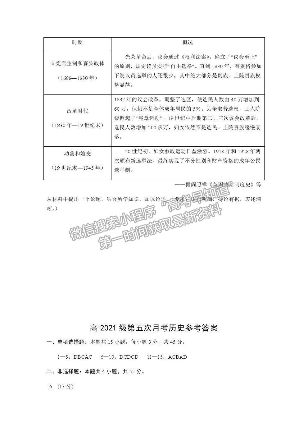 2021重慶市西南大學附中高三下學期第五次月考歷史試題及參考答案