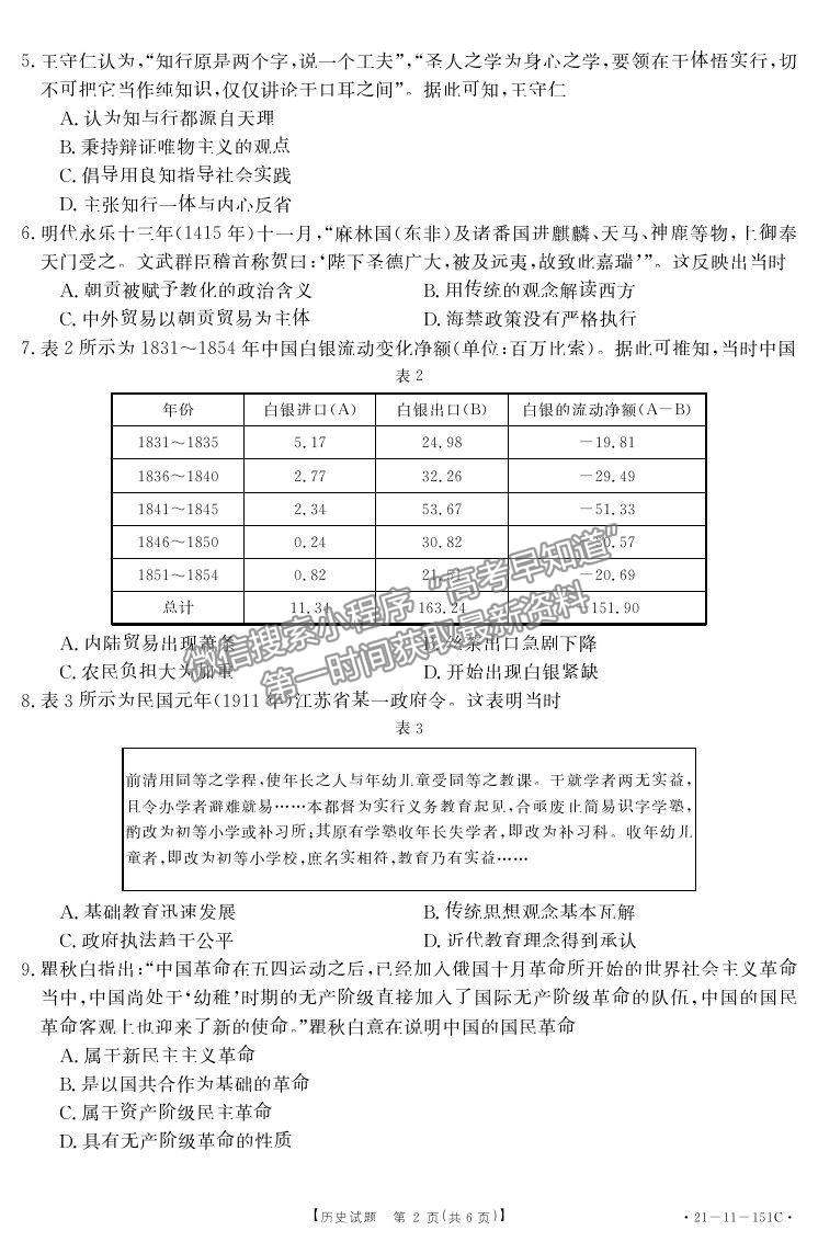 2021莆田高三一檢歷史試題及參考答案