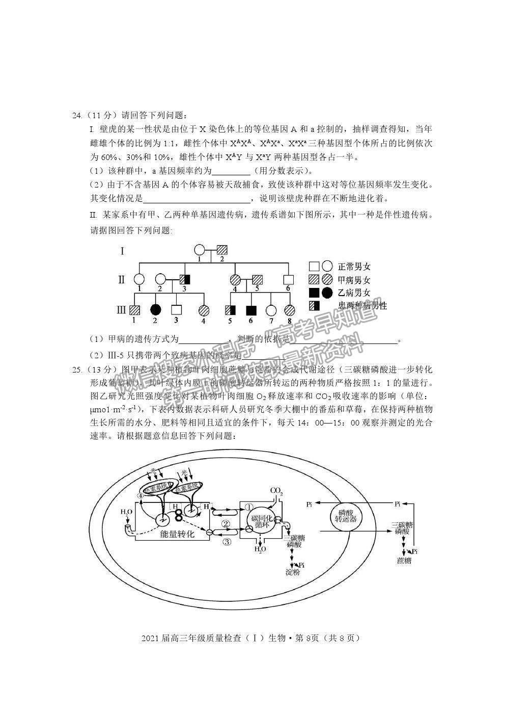 2021湖北省荊州市高三上學(xué)期質(zhì)檢（Ⅰ）生物試題及參考答案