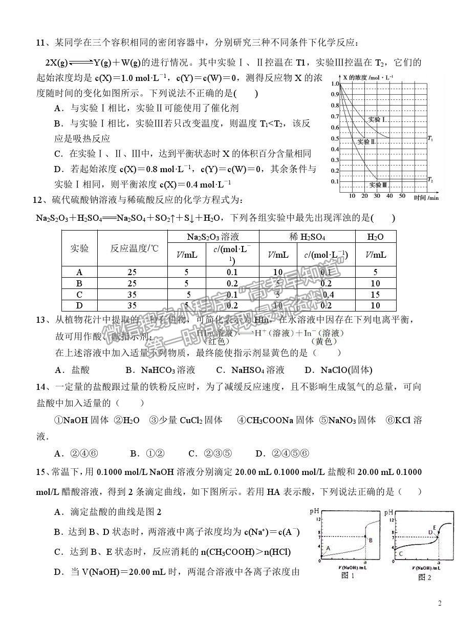 2021莆田二中高二上學期期中質(zhì)檢化學試題及參考答案