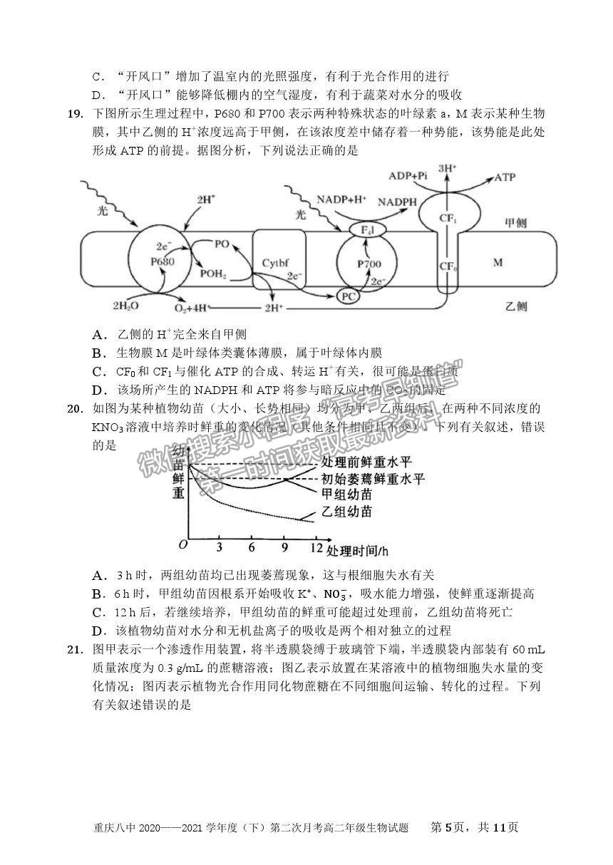 2021重慶八中高二下學期第二次月考生物試題及參考答案