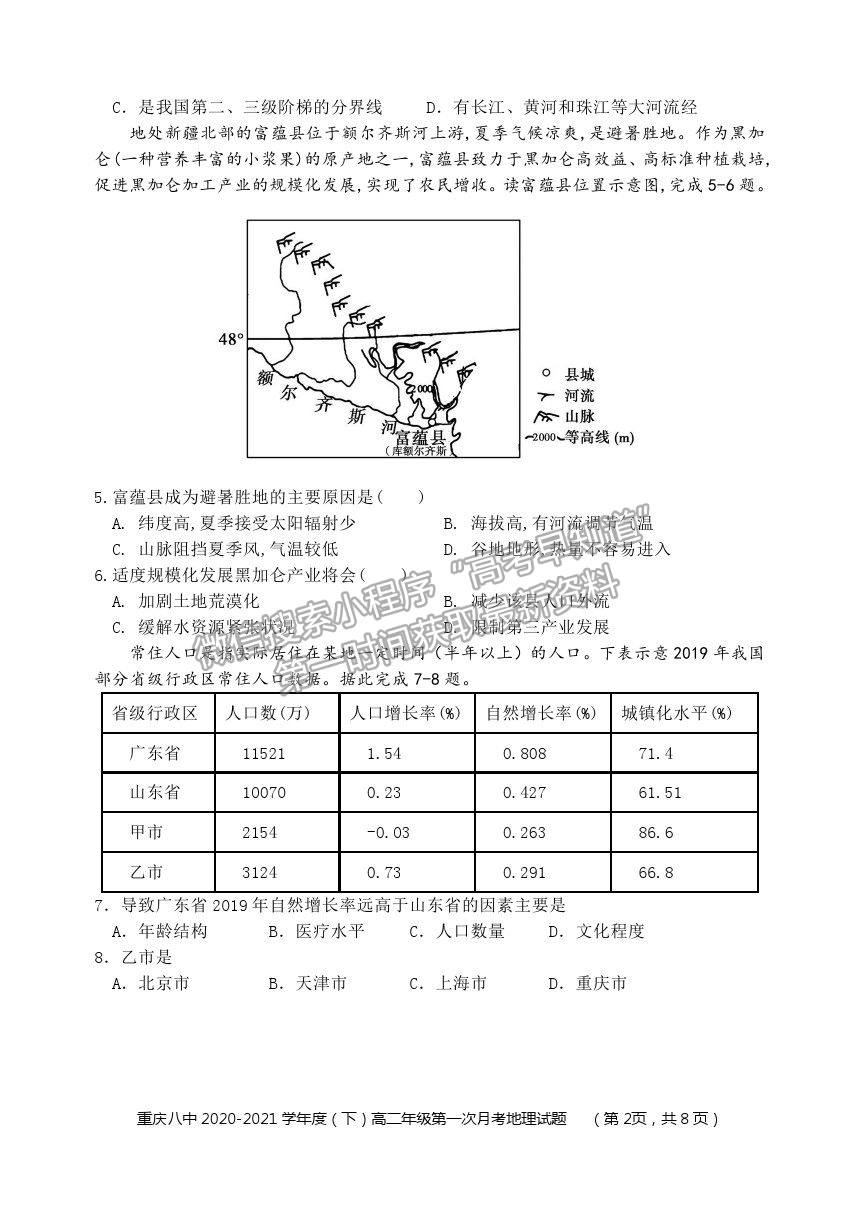 2021重慶八中高二下學(xué)期第一次月考地理試題及參考答案