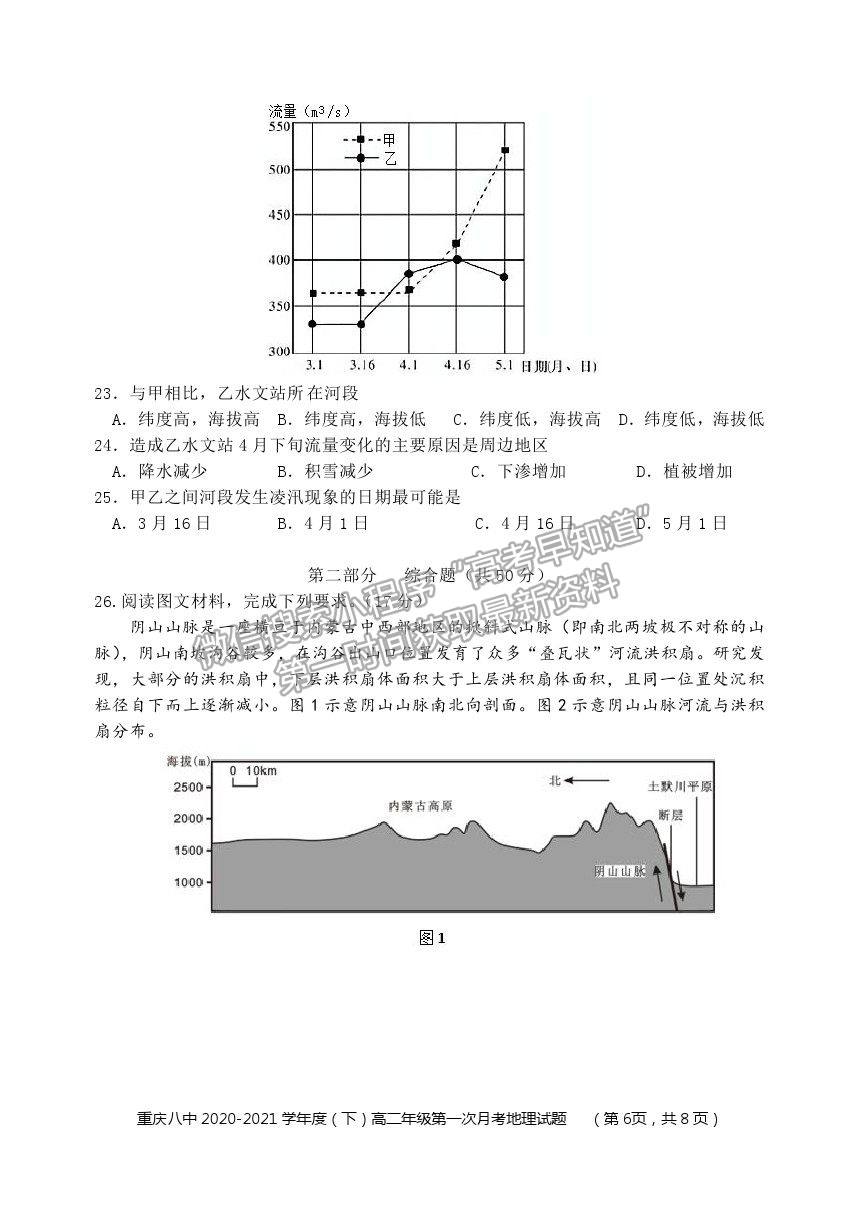 2021重慶八中高二下學(xué)期第一次月考地理試題及參考答案