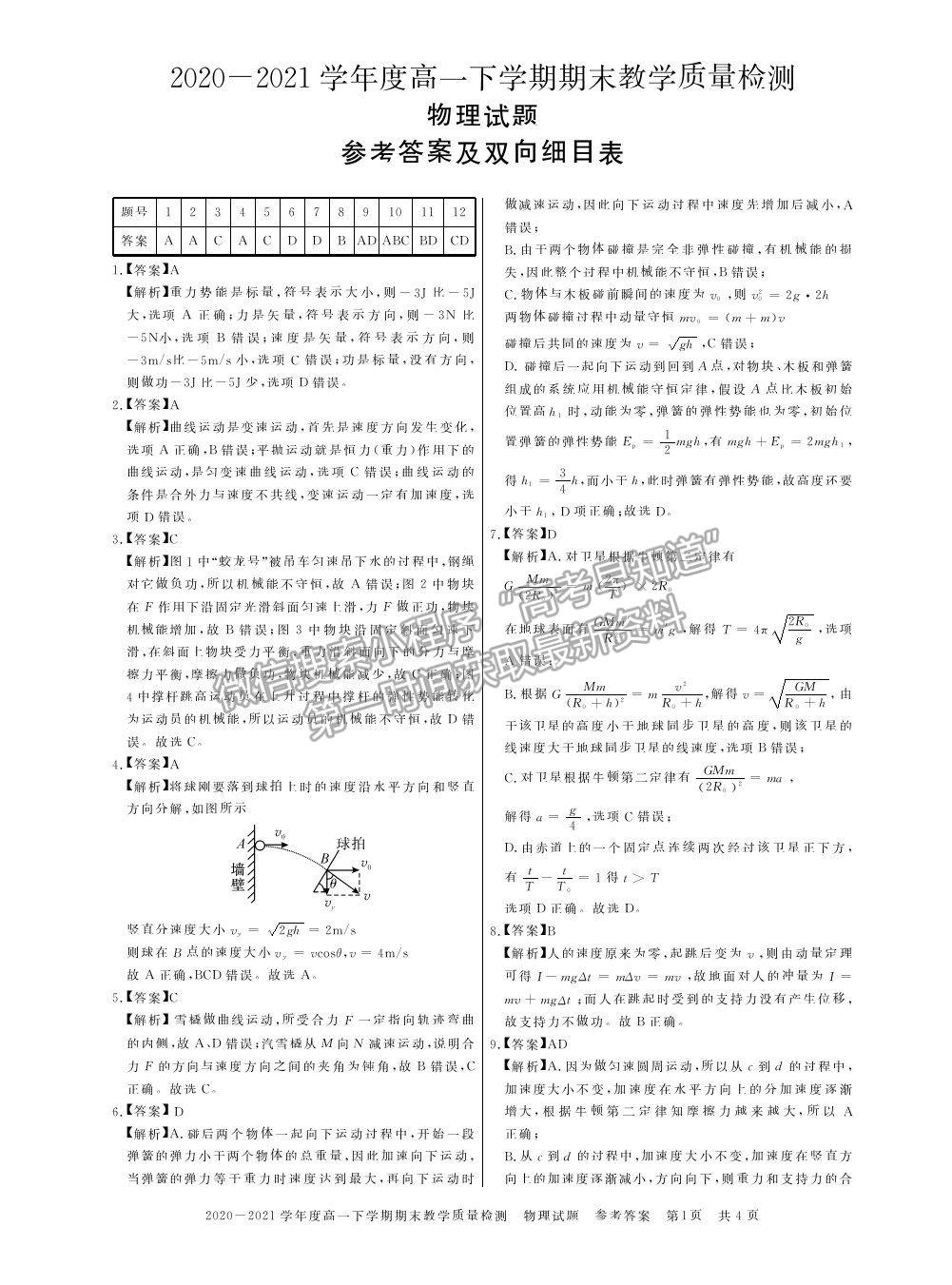 2021信陽(yáng)市高一下學(xué)期期末質(zhì)檢物理試題及參考答案