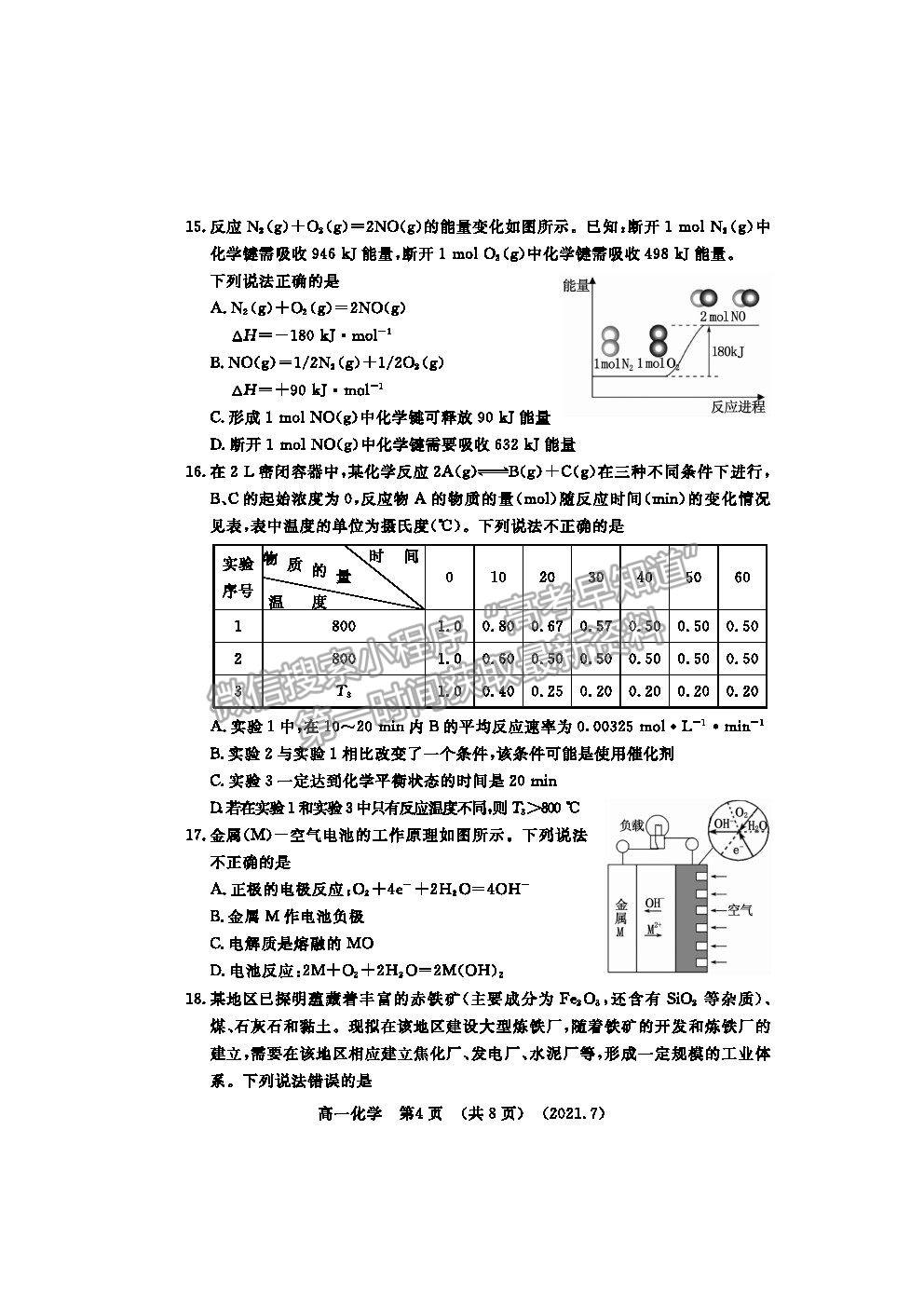 2021洛陽市高一下學(xué)期期末考化學(xué)試題及參考答案