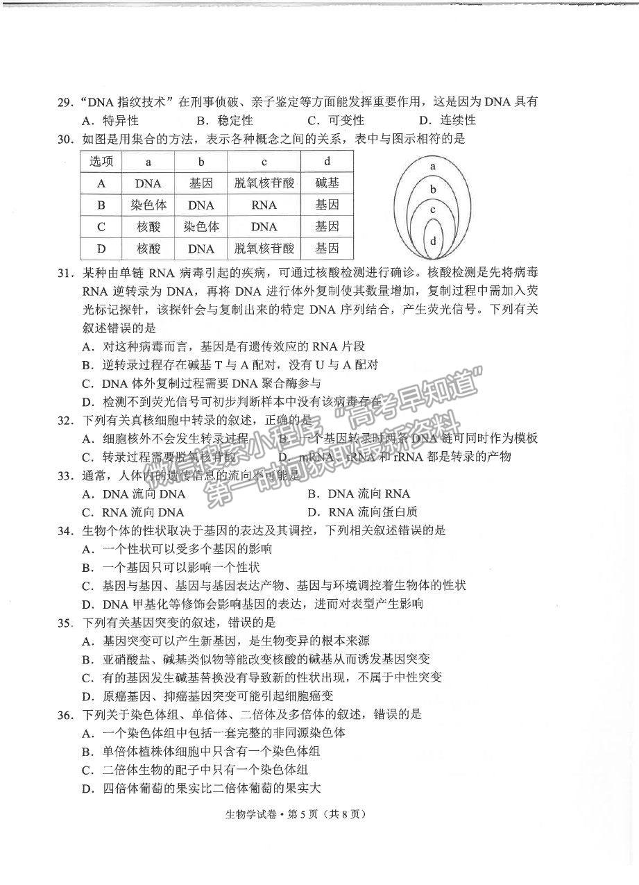 2021昆明市高一下學期期末質(zhì)檢生物試題及參考答案