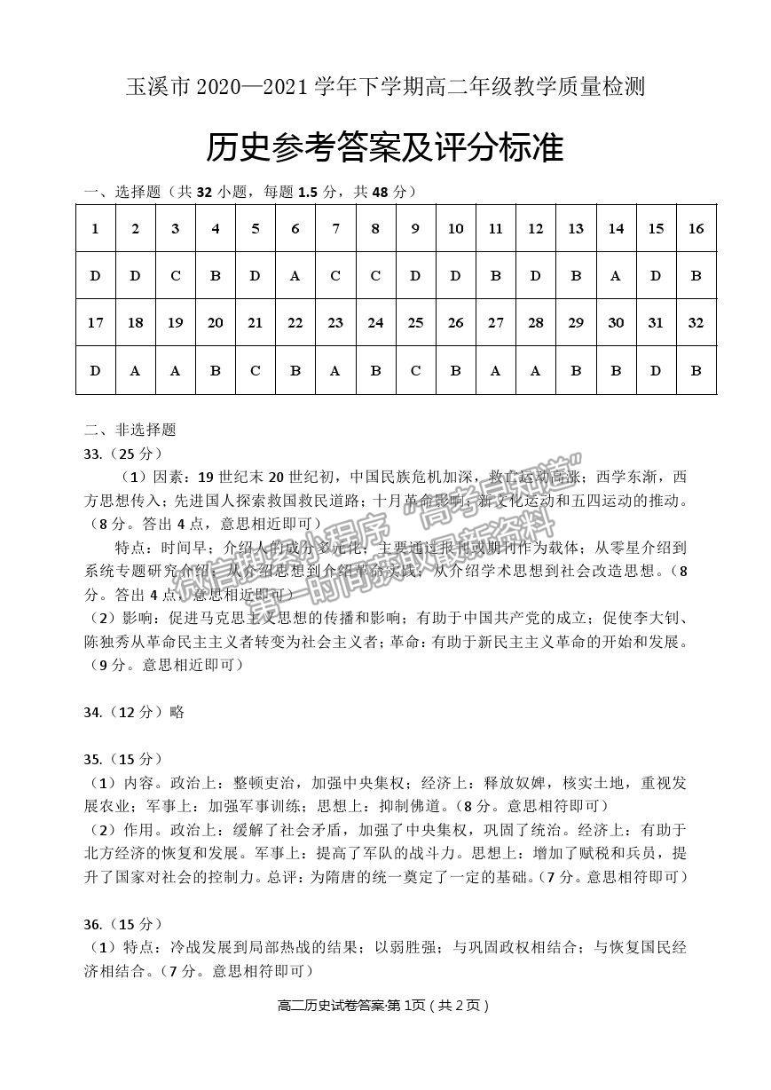 2021云南省玉溪市高二下學期期末質檢歷史試題及參考答案