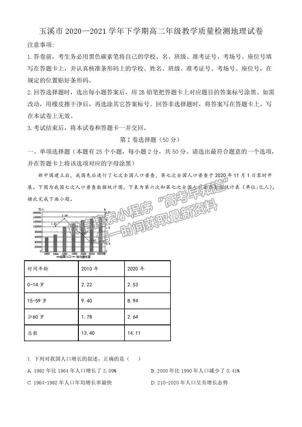 2021云南省玉溪市高二下學(xué)期期末質(zhì)檢地理試題及參考答案