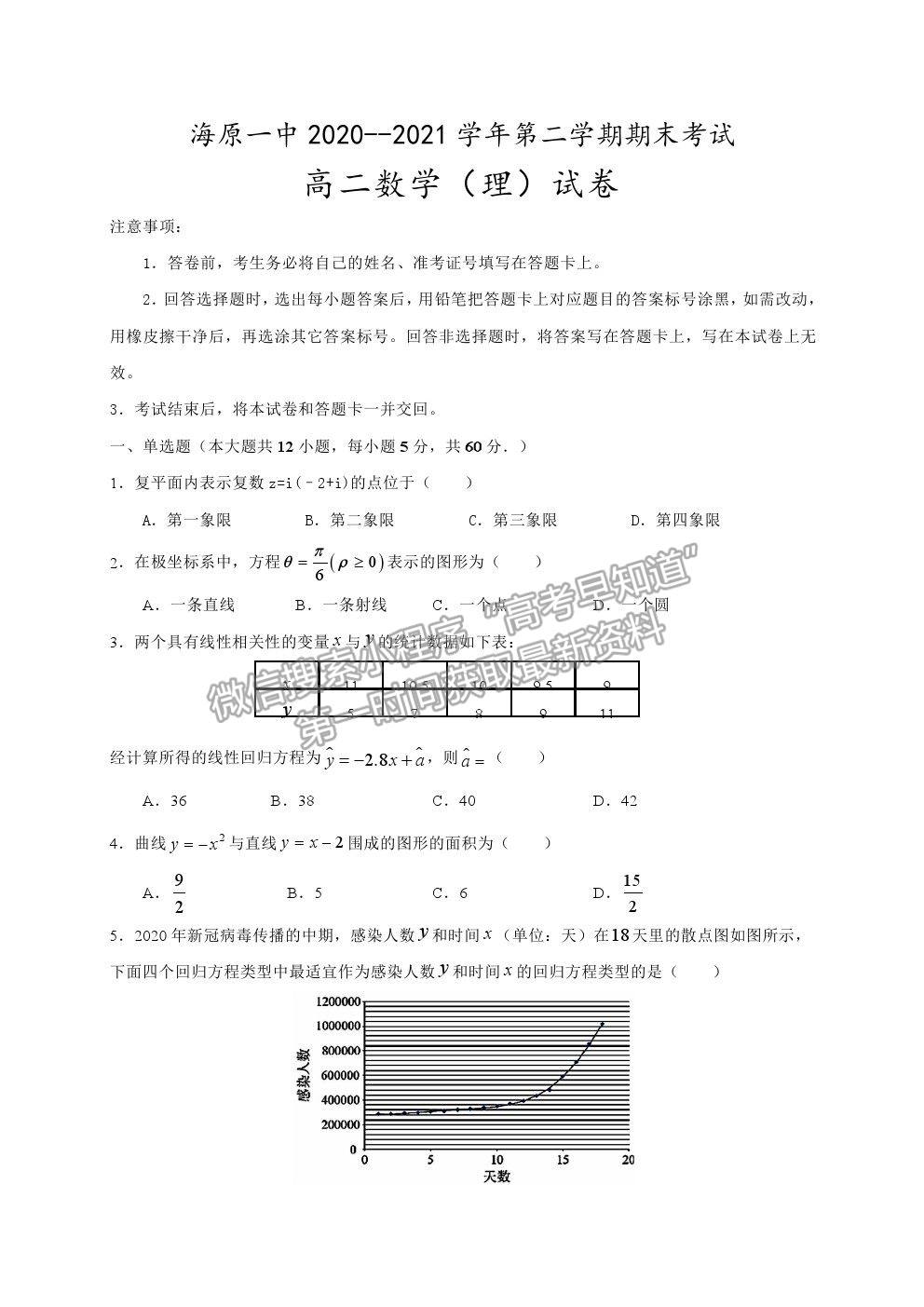 2021寧夏海原一中高二下學(xué)期期末考試?yán)頂?shù)試題及參考答案