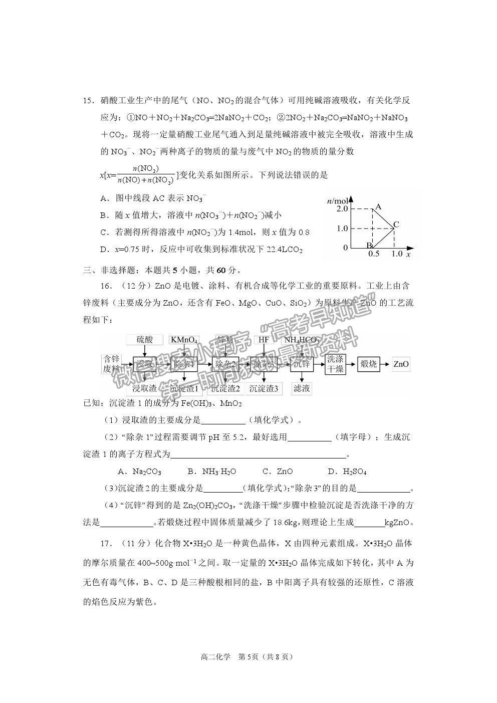 2021山東省煙臺市高二下學(xué)期期末考試化學(xué)試題及參考答案