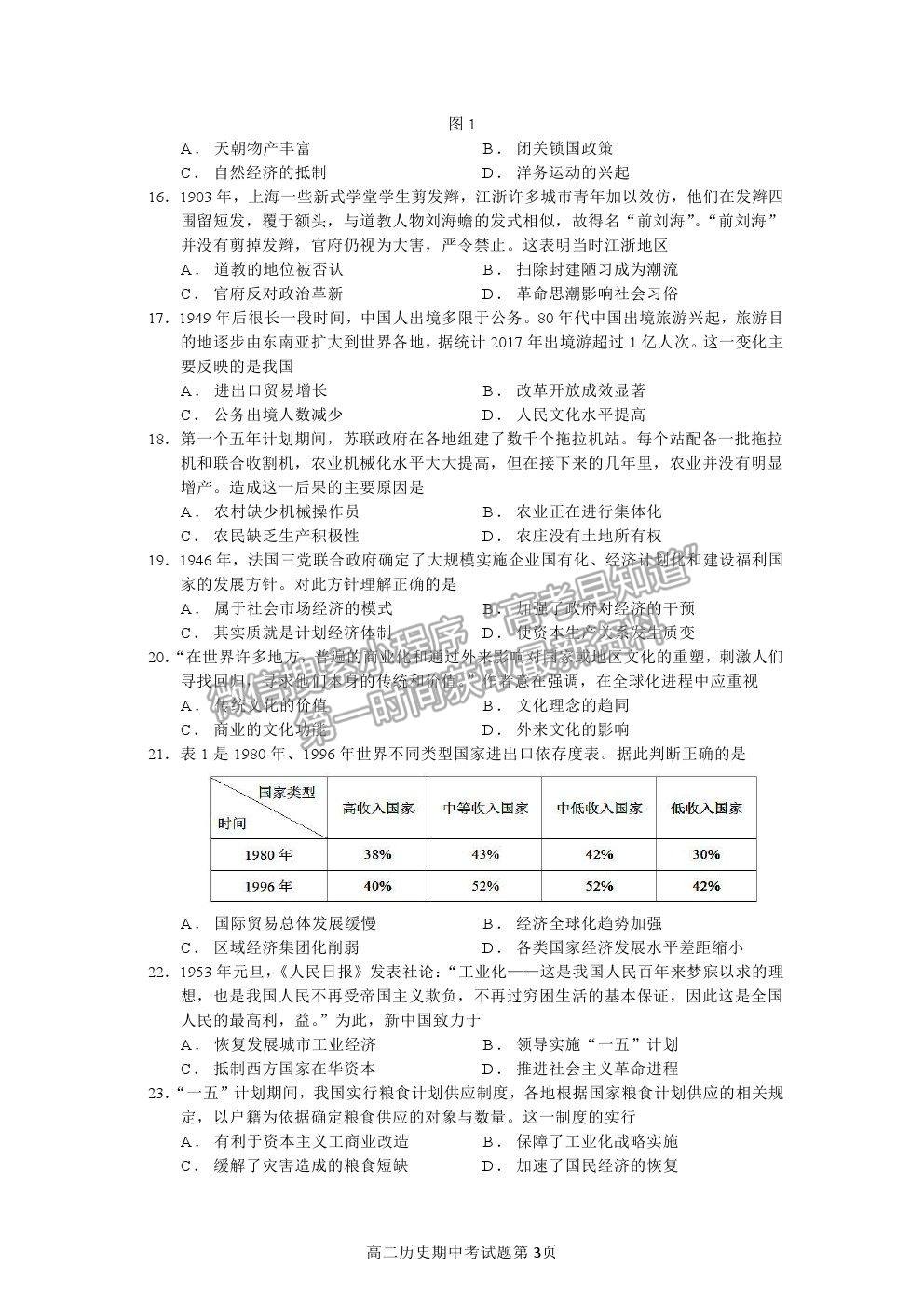 2021福州一中高二上學期期中考試歷史試題及參考答案