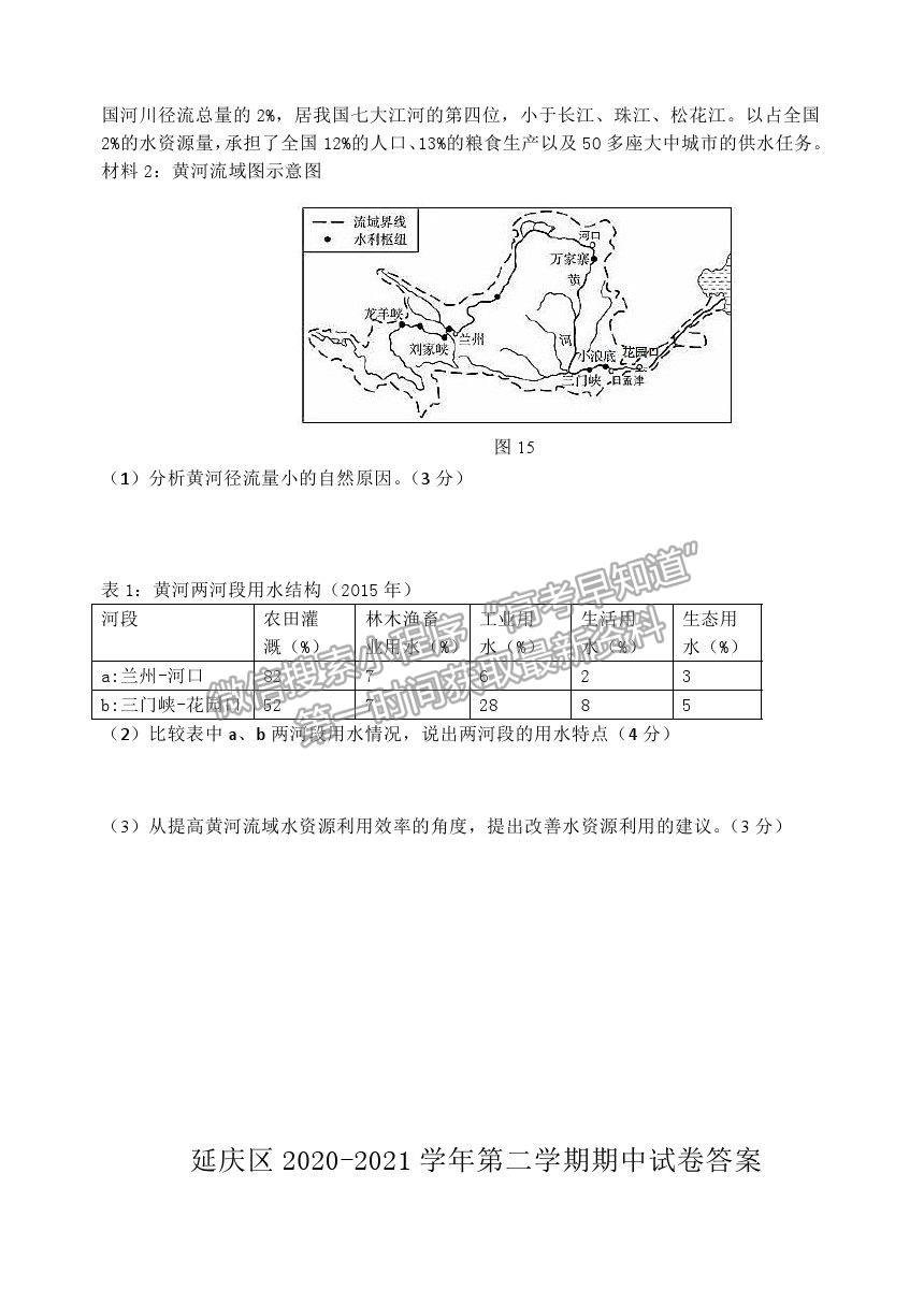 2021北京市延慶區(qū)高二下學(xué)期期中考試地理試題及參考答案