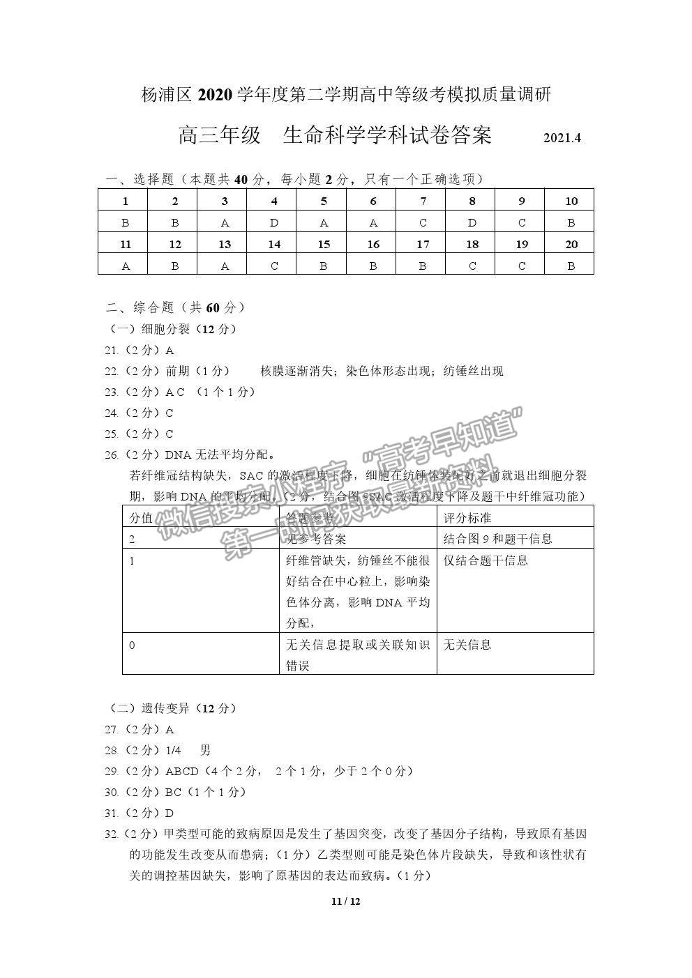 2021上海市楊浦區(qū)高考二模生物試題及參考答案