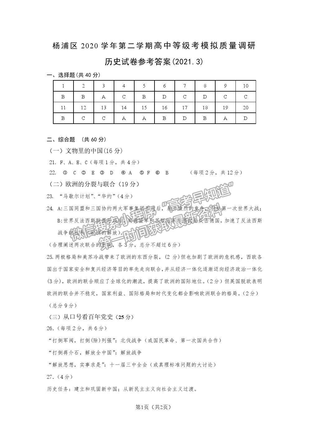 2021上海市楊浦區(qū)高考二模歷史試題及參考答案