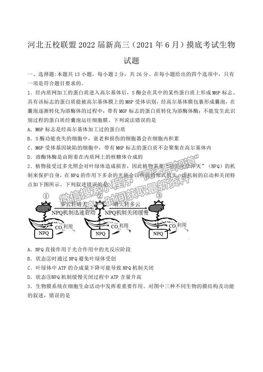 2021河北省五校聯(lián)盟高二下學(xué)期期末（新高三）摸底考試生物試卷及答案