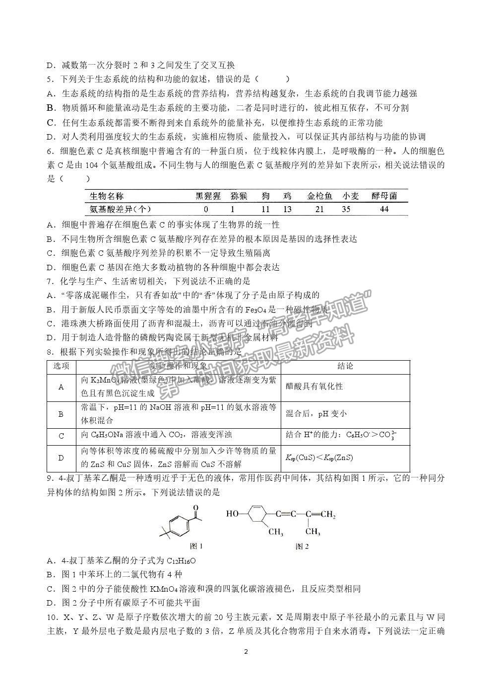 2021鄭州市中牟縣第一高級中學高三全真模擬（四）考試理綜試卷及答案