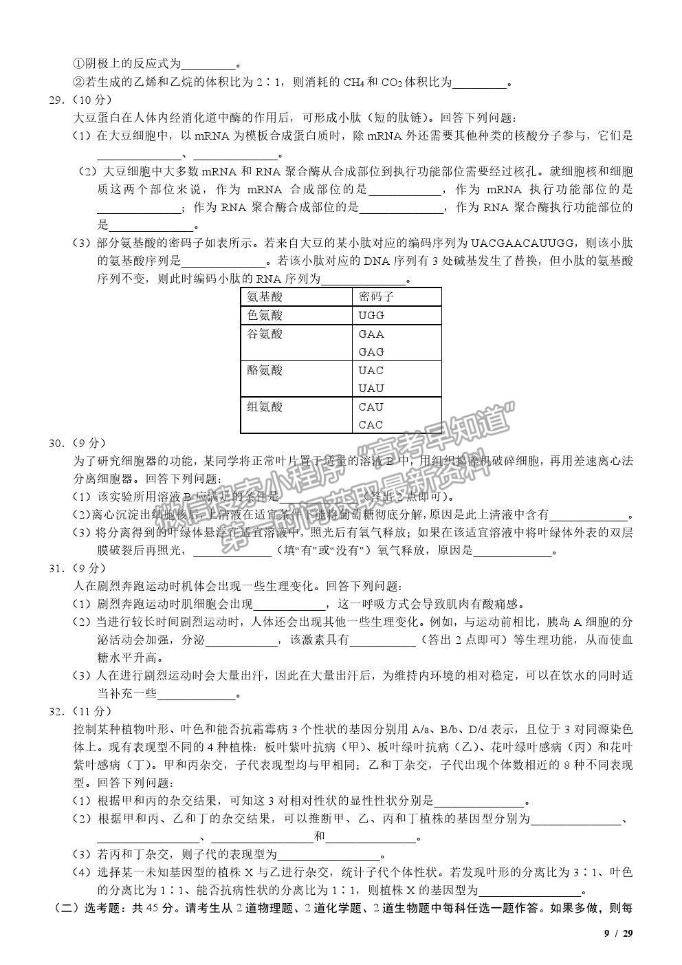 2020全國Ⅱ卷高考真題理綜試卷及參考答案