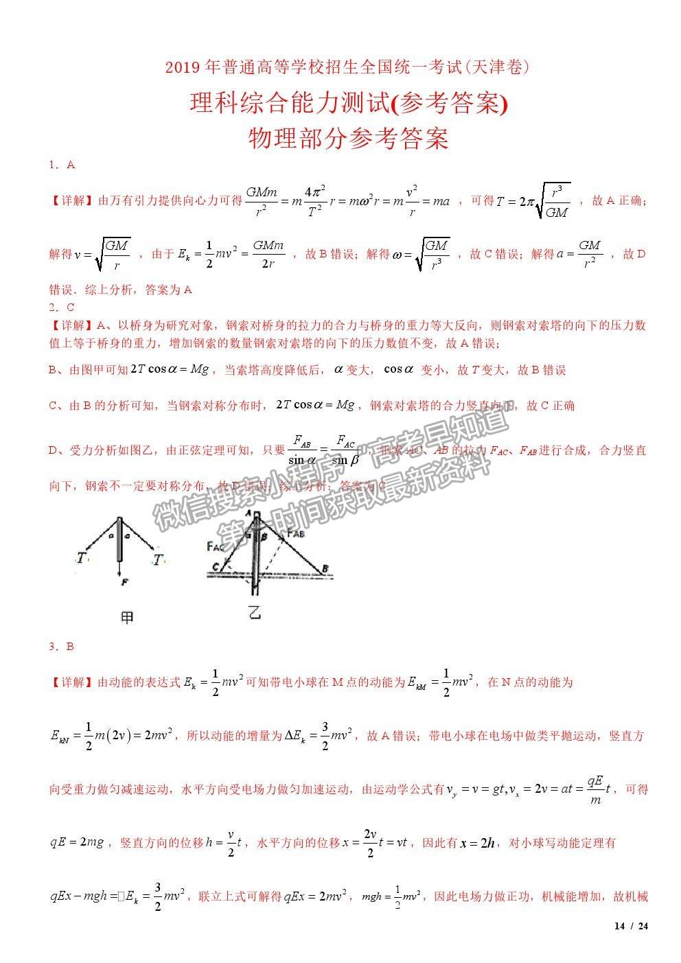 2019天津卷高考真題理綜試卷及參考答案