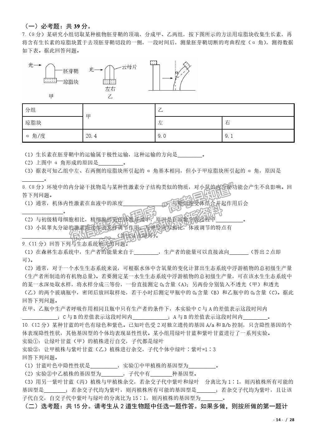 2019全國Ⅱ卷高考真題理綜試卷及參考答案