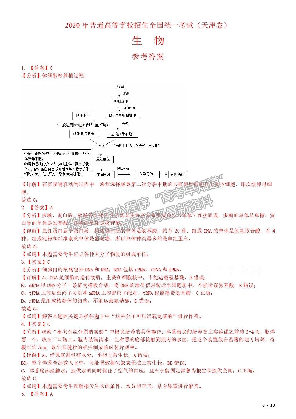 2020天津卷高考真題生物試卷及參考答案