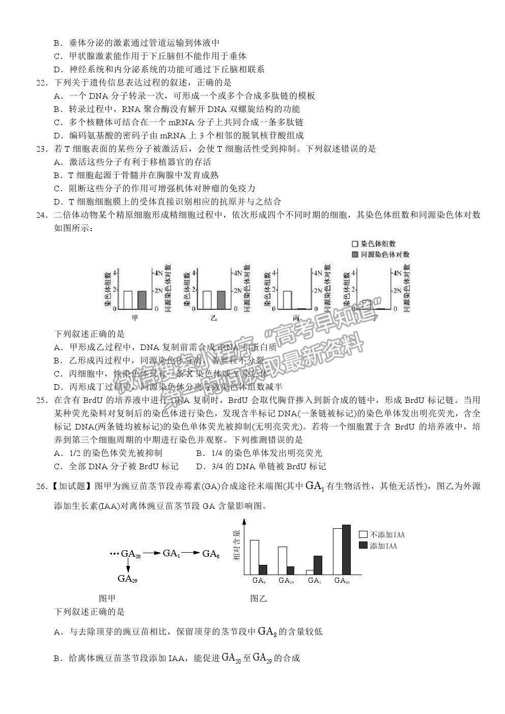 2019浙江卷高考真題生物試卷及參考答案